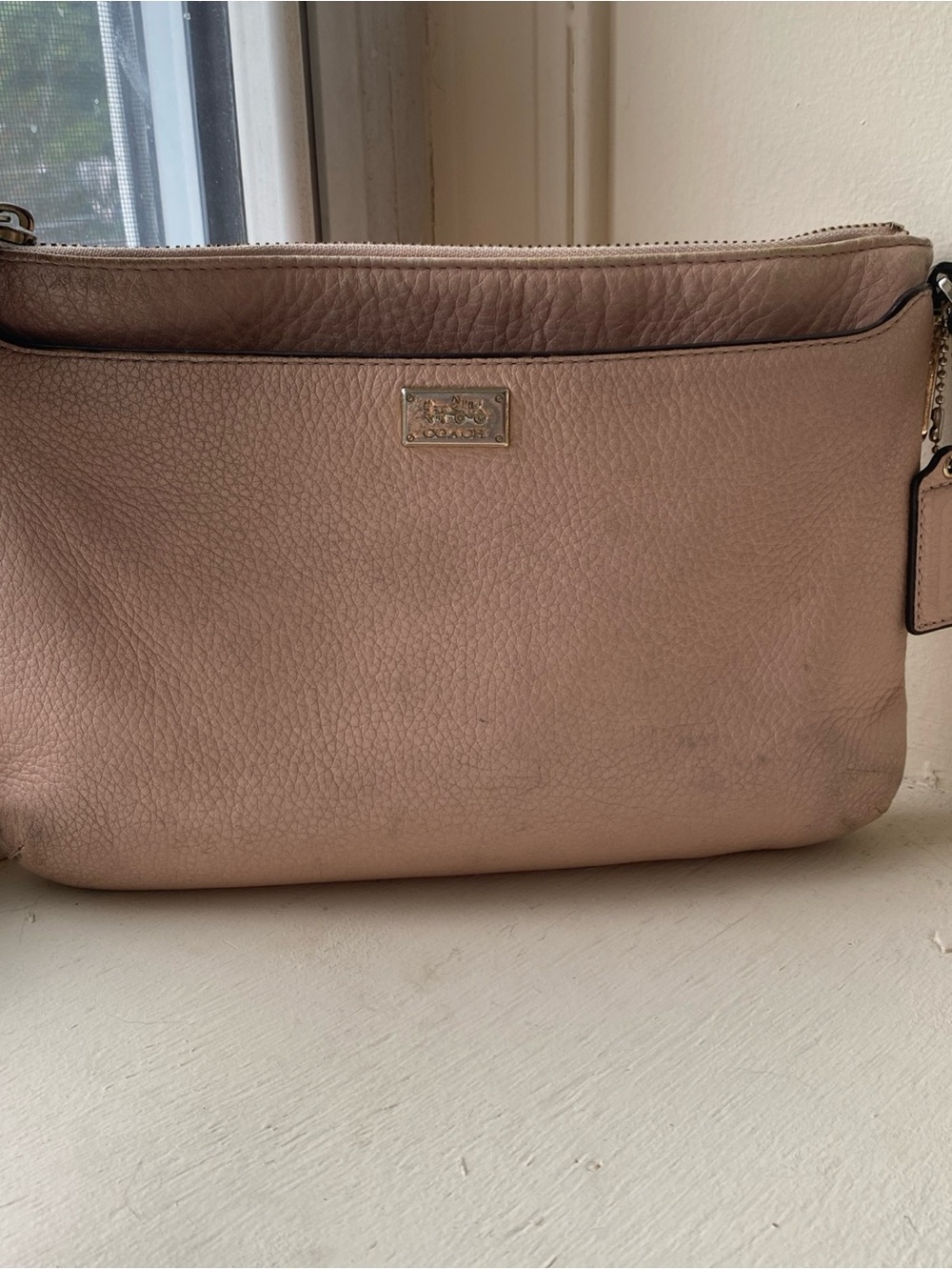 Coach Madison East West Pebbled Leather Crossbody Purse in Blush Pink dirty